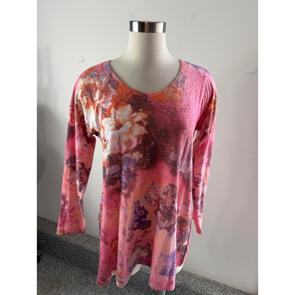 Soft Surroundings Petite Medium Pink Floral Knit Tunic Top Long Sleeve Shirt